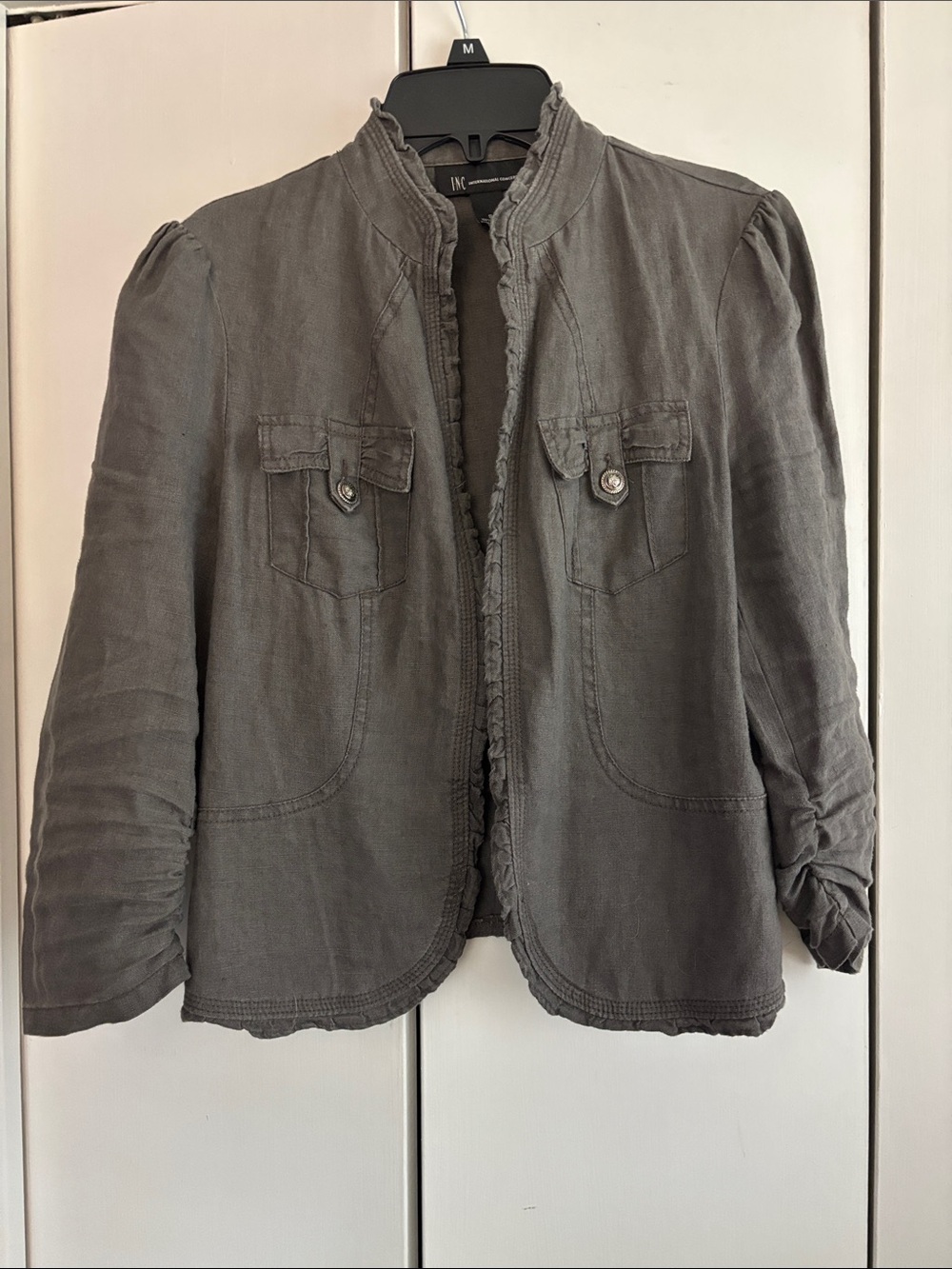 INC International Concepts Charcoal Gray Open-Front Ruffle Trim Jacket